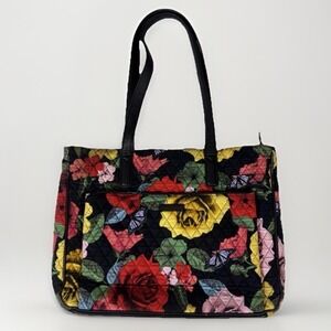 Vera Bradley Laptop Tote Bag Multicolor Floral Butterflies Quilted Black Handles